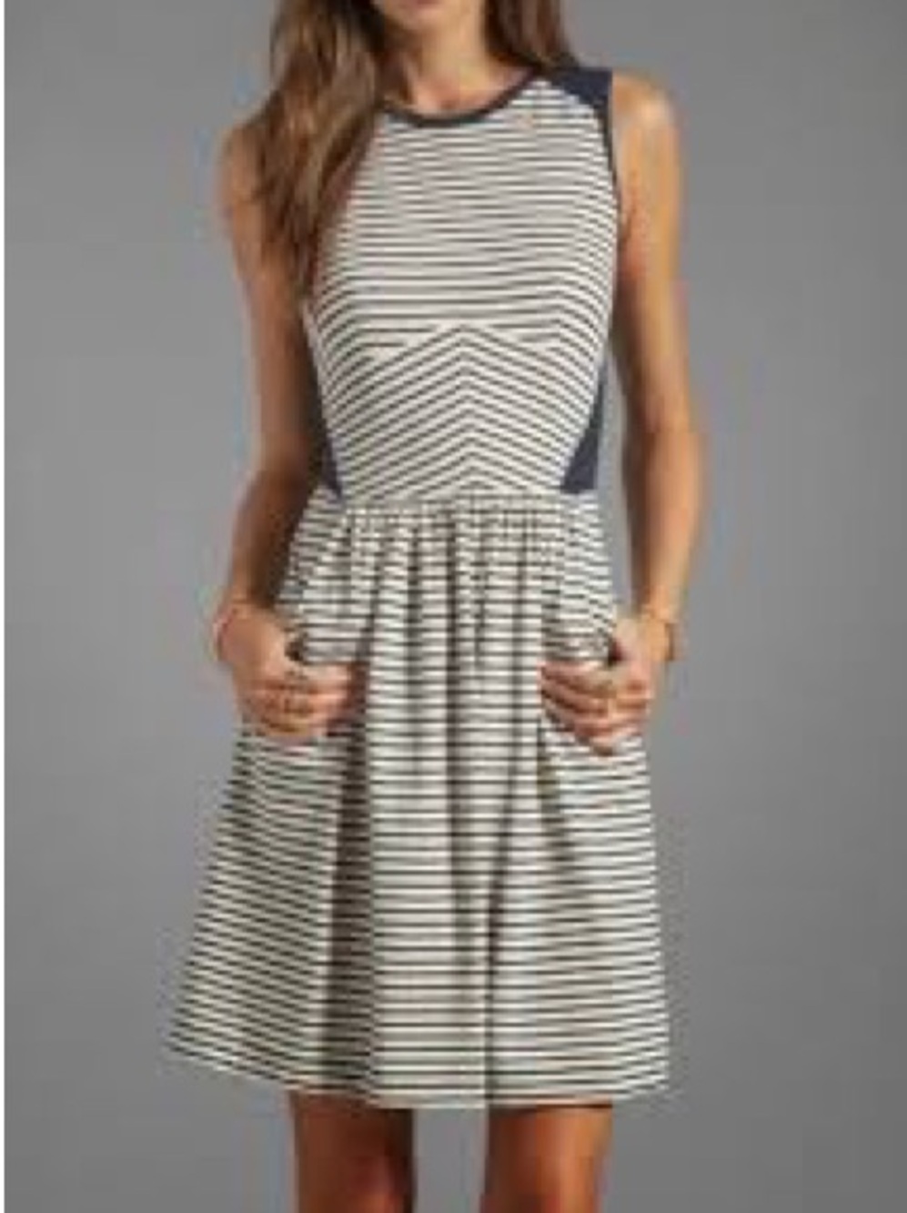 Rebecca Taylor Navy Blue & Cream Striped Sleeveless Dress